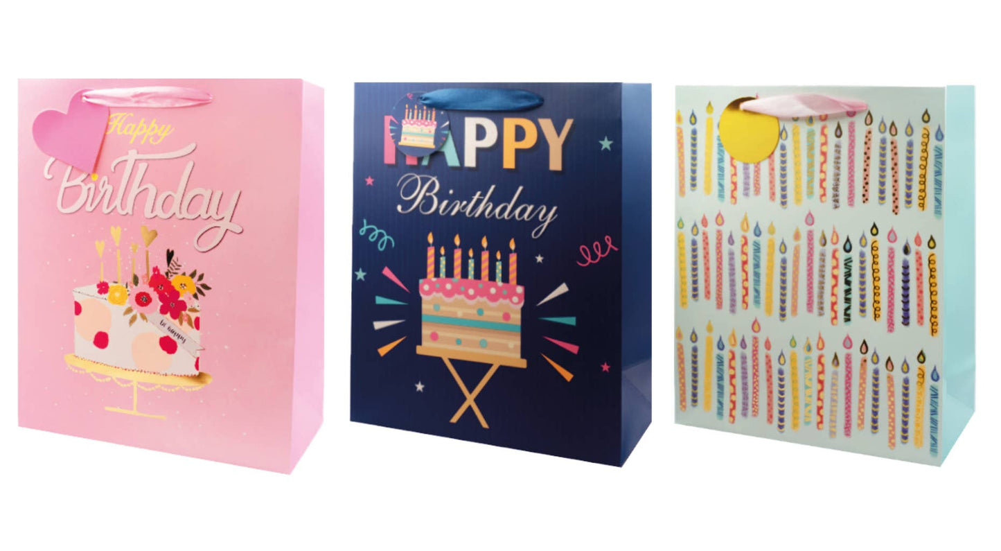 Cake and Candle Happy Birthday Foil Gift Bag w Ribbon Handle