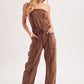 WASHED STRAPLESS SMOCKED WAIST DRAWSTRING JUMPSUIT
