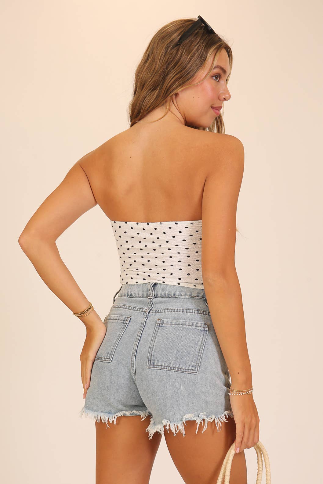 Polka Dot Tie-Front Strapless Top