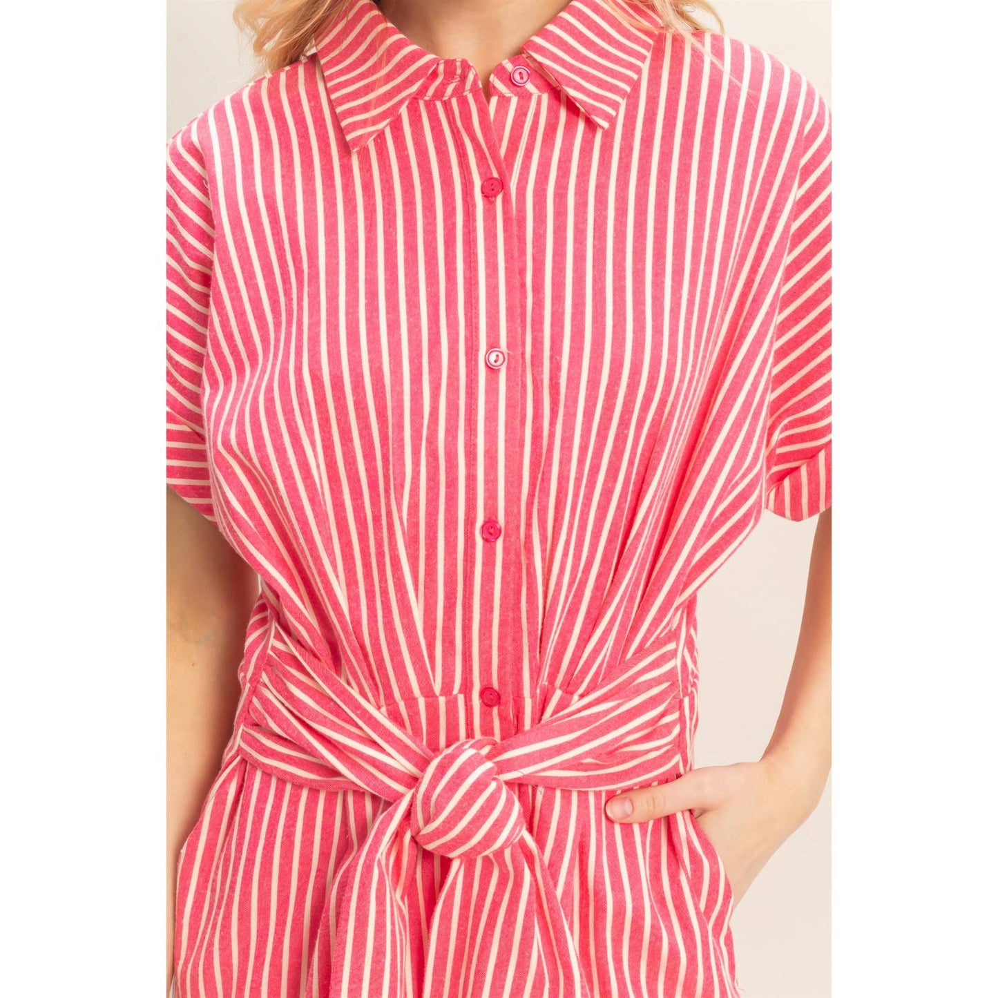 Collared Striped Romper With Sash