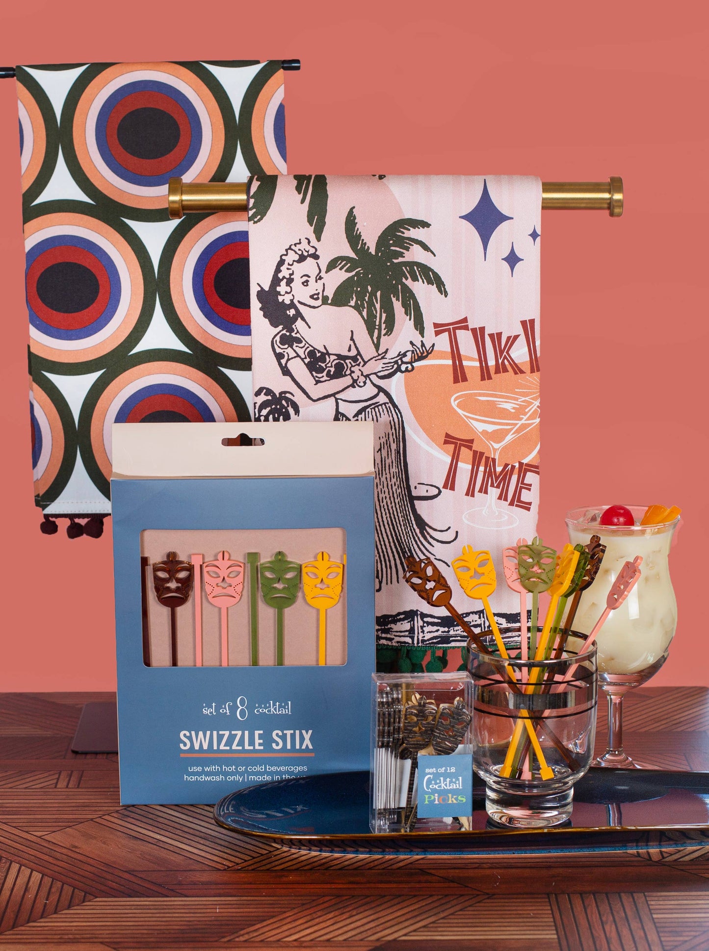 Vintage Tiki Time Luau Bar Towel with Trim