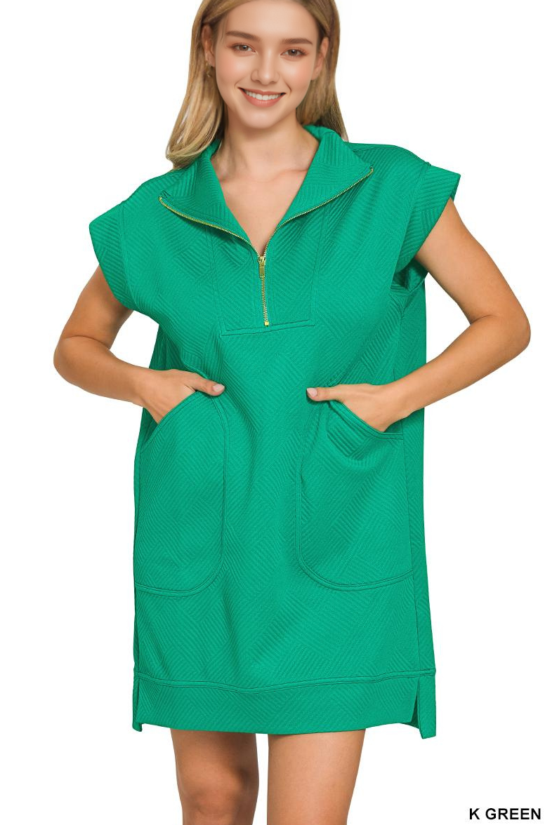 Textured Knit Jacquard Quarter Zipper Dress Zenana