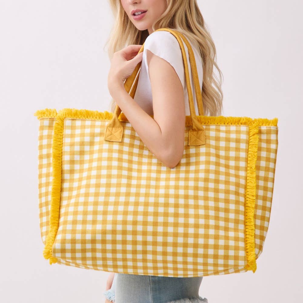 Checkered Fringe Trim Tote Bag