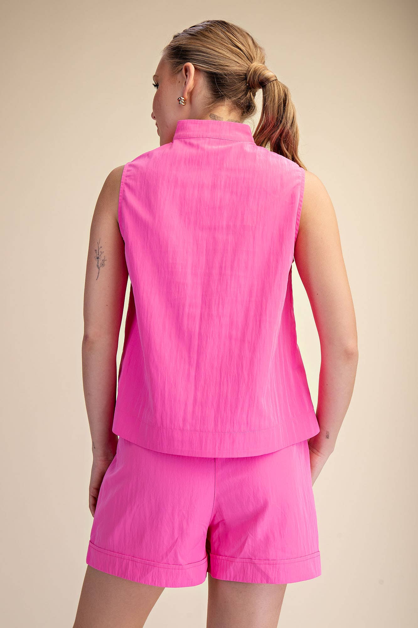 Stand Collar Slit V-Neck Sleeveless Top