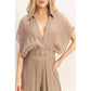 Collared Wrap Top & Wide-Leg Pants Set