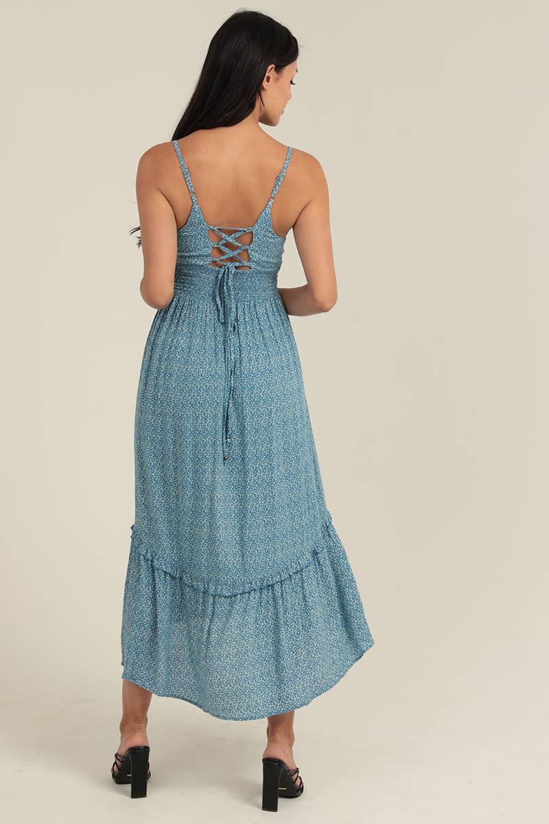 C4729-W804 V NECK LACE UP BACK SIDE SLIT MAXI DRESS