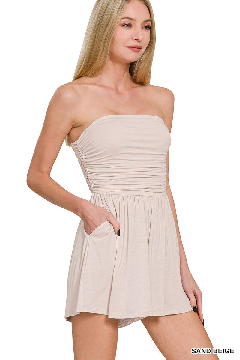 0429 Double Layered Strapless Tube Top Romper w/ Pockets SI-27473