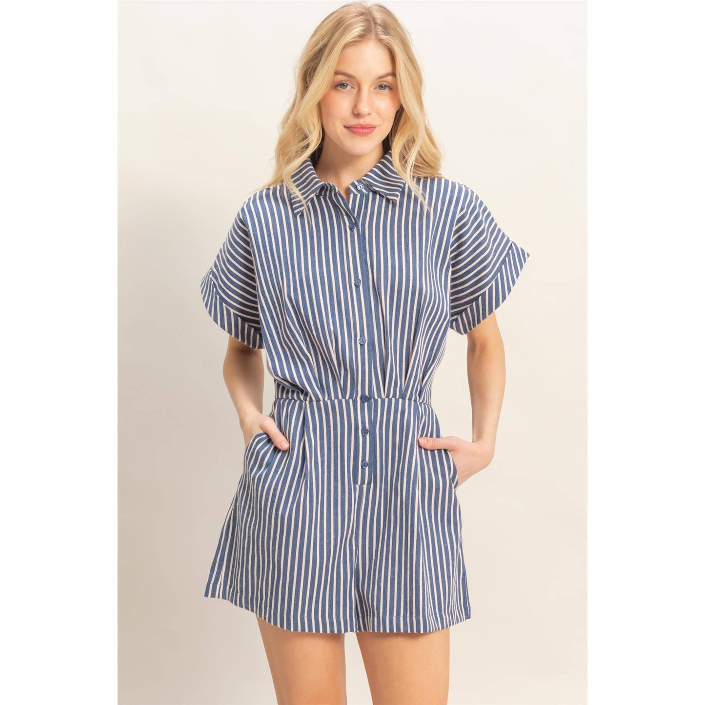 Collared Striped Romper With Sash