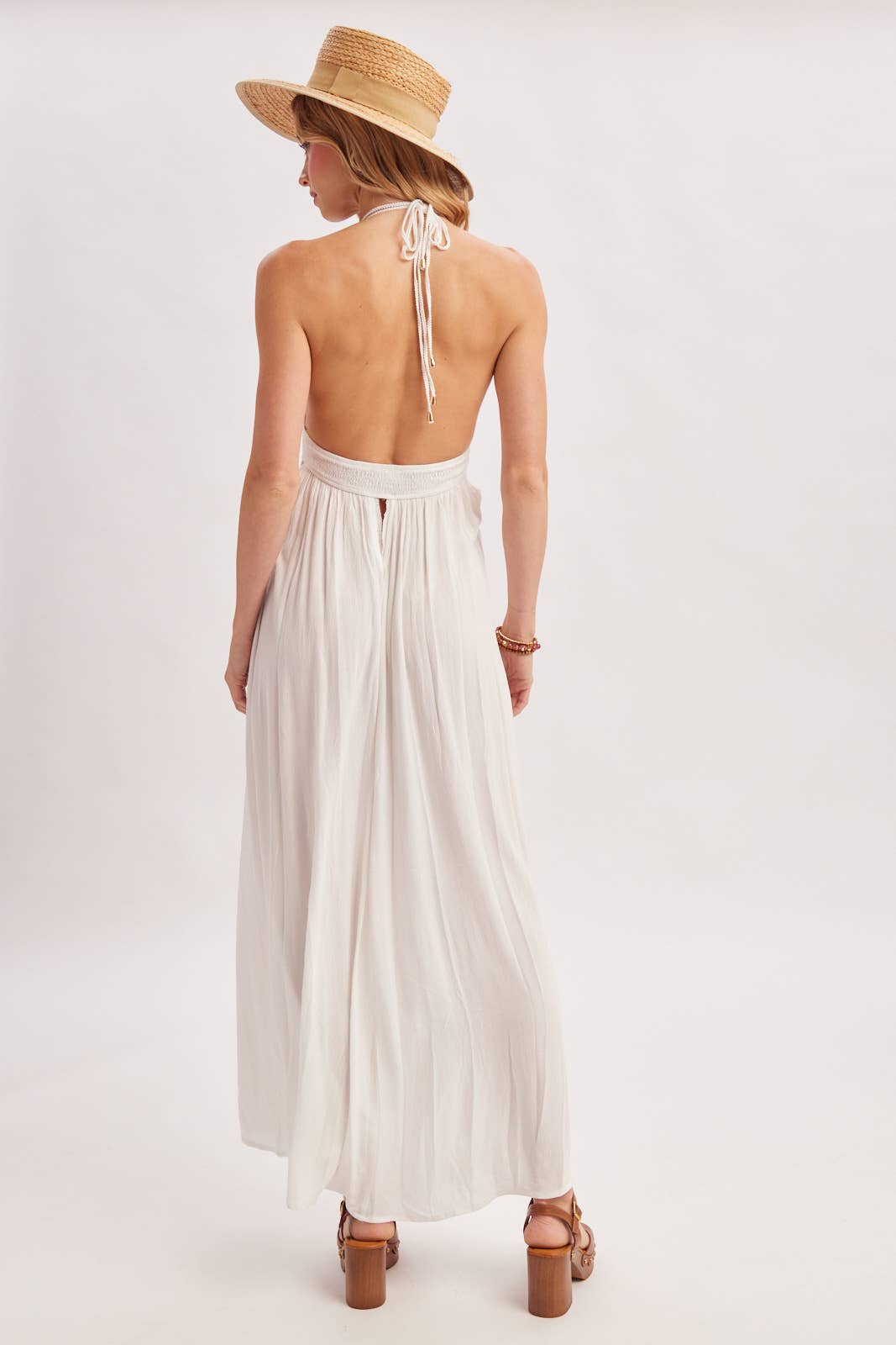 A CRINKLY CREPE DEEP V-NECK HALTER MAXI SUNDRESS