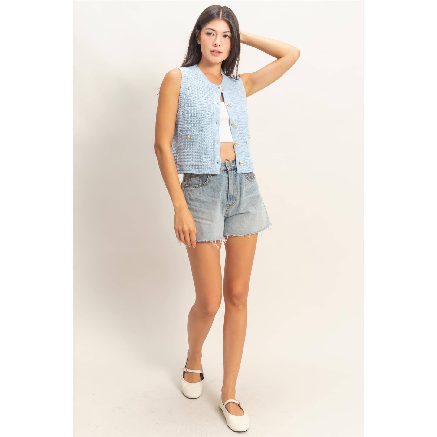Textured Button-Front Vest With Pocket
