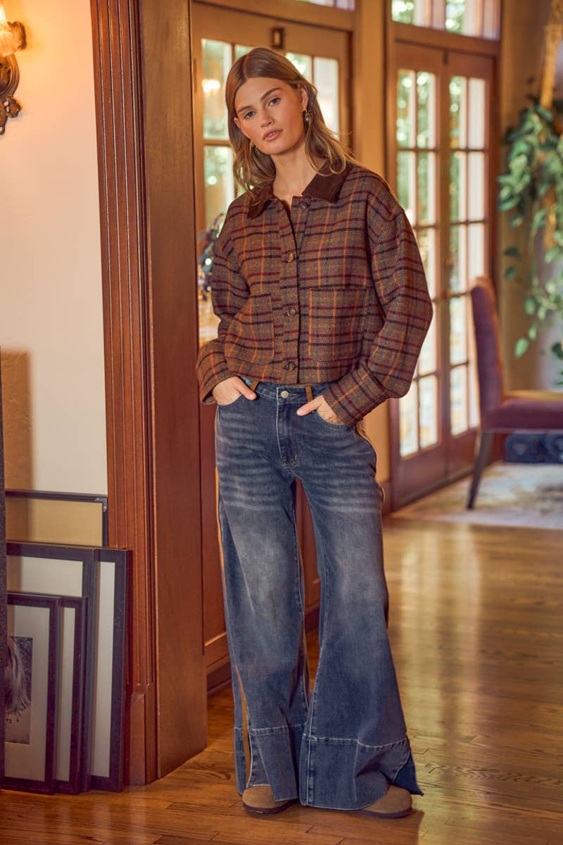 WIDE LEG FLARE WASHED DENIM JEANS WITH SIDE SEAM