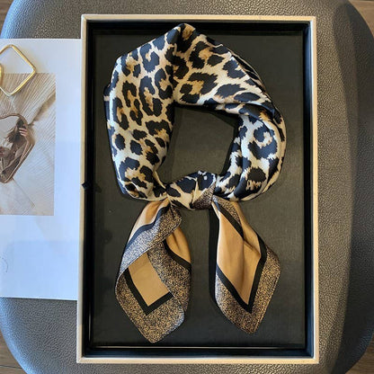 Leopard Print & Geometric Border Silky Neck Scarf | 40SC734