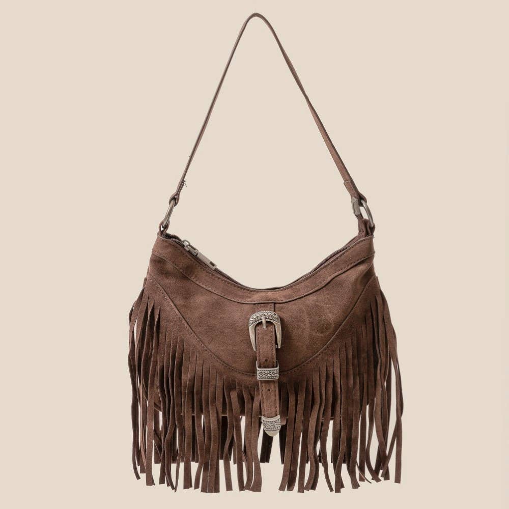 Faux Suede Cascade Fringe Shoulder Bag