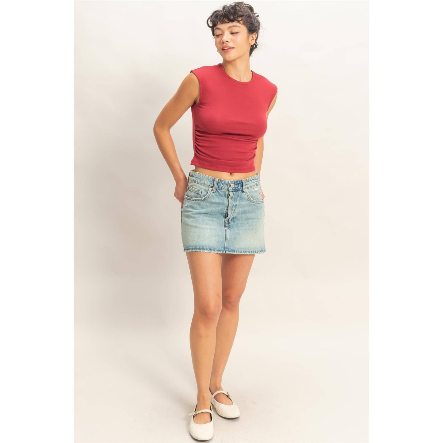 Ruched Waist Cap Sleeve Top