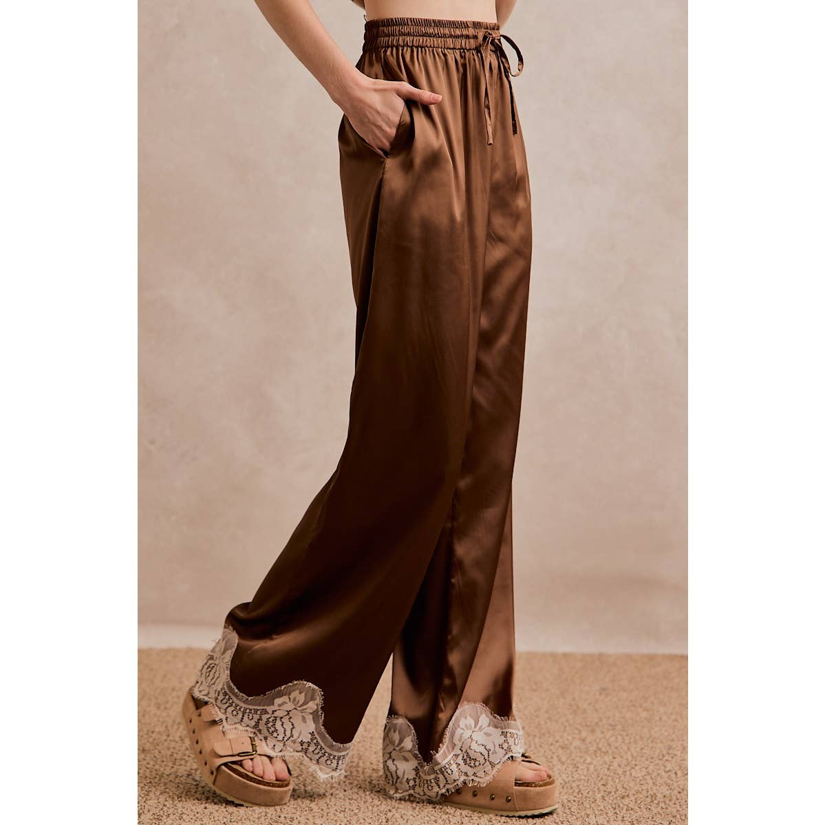 SATIN LACE TRIM WIDE LEG ELASTIC MID RISE PANTS