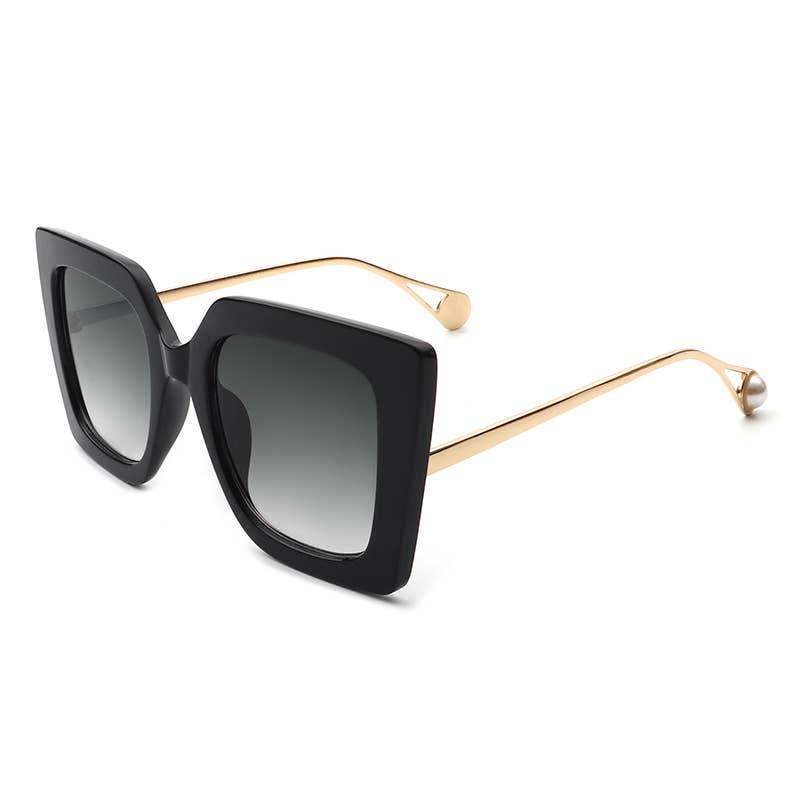 Luxurious Oversize Square Cat-Eye with Pearl-Tip Sunglasses