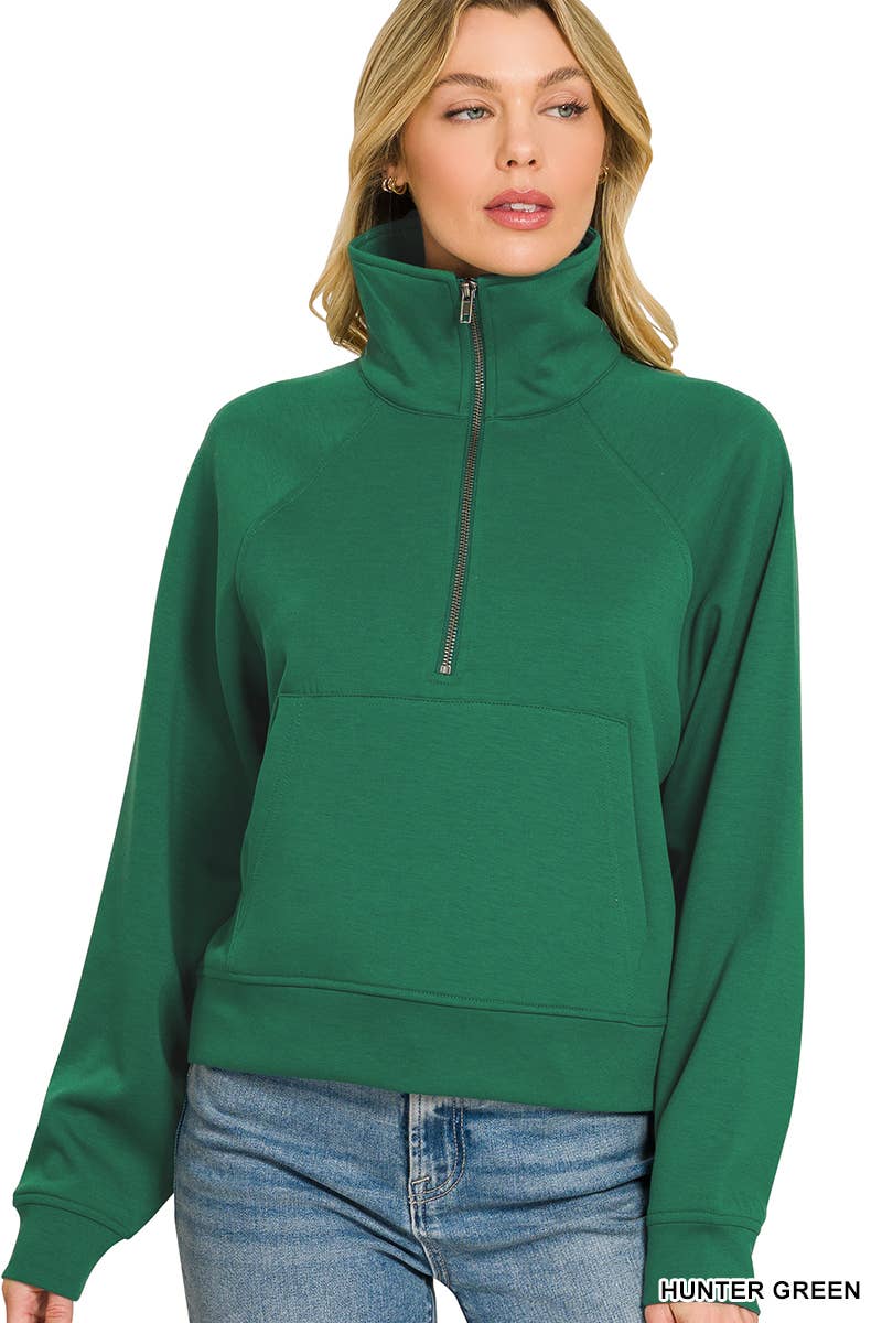 Scuba Half Zip Pullover With Kangaroo Pocket Zenana