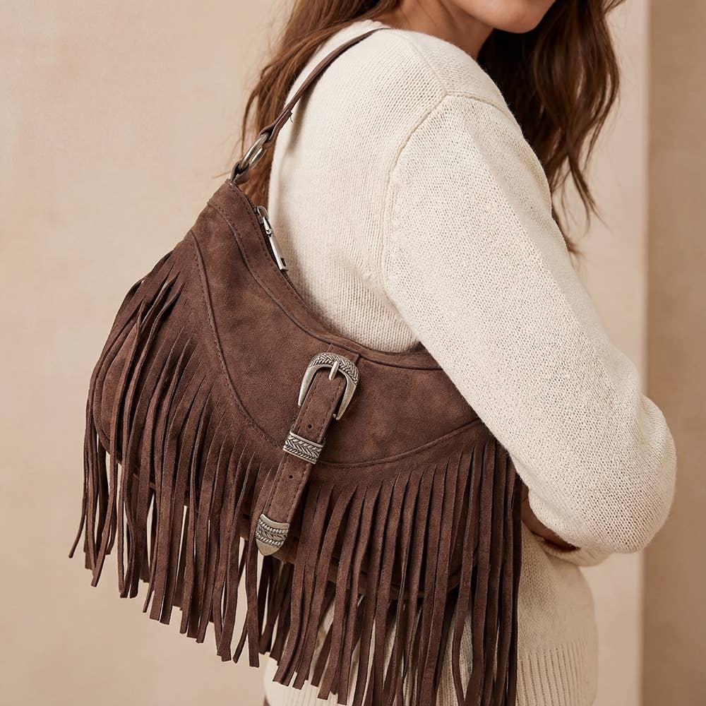 Faux Suede Cascade Fringe Shoulder Bag