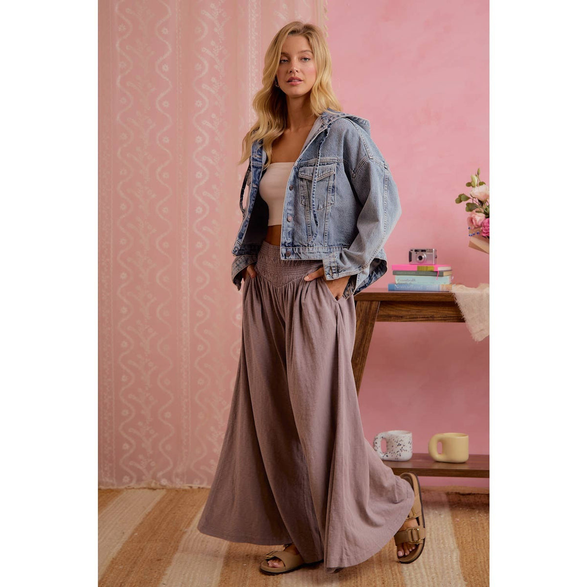 WOMEN SMOCKED WAIST WIDE LEG PULL ON PANTS