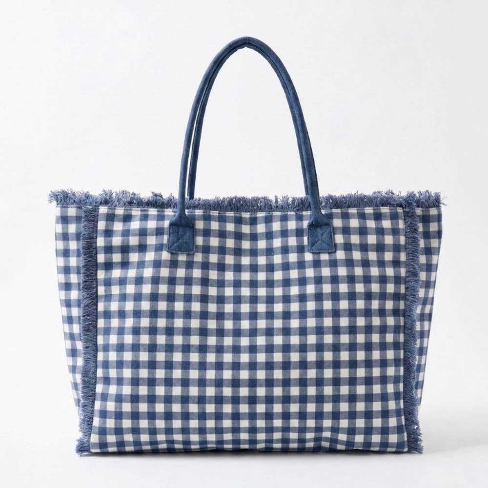 Checkered Fringe Trim Tote Bag