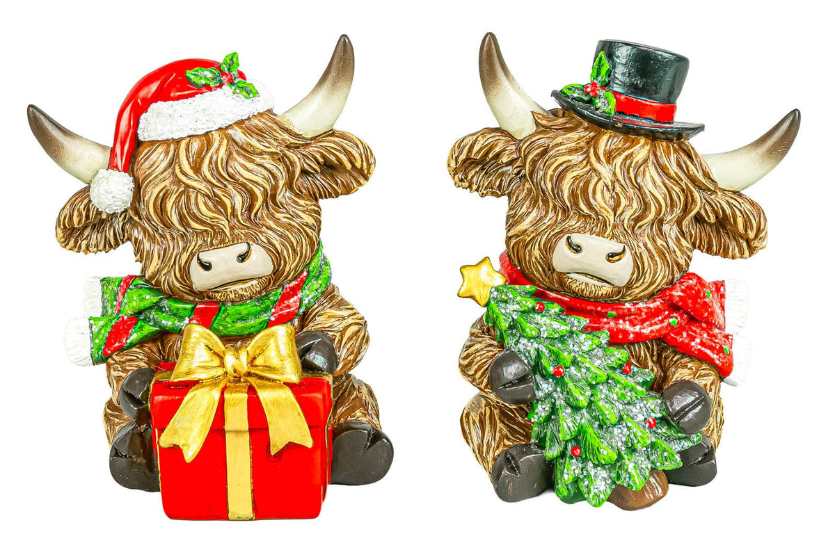 Holly Jolly Christmas Highland Cow 4" Sitter 2 Ast