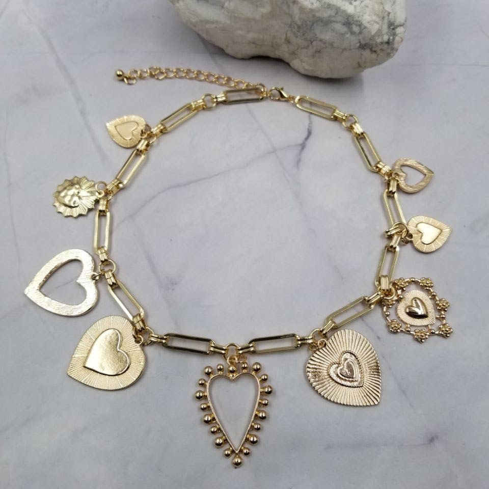 Paperclip Chain Multi Heart Charm Necklace