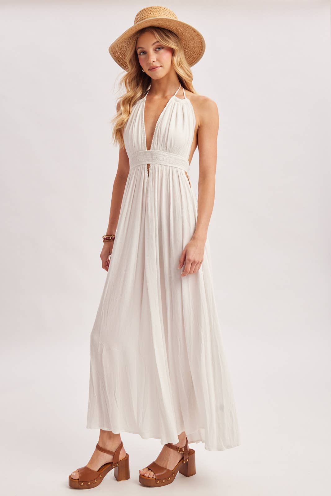 A CRINKLY CREPE DEEP V-NECK HALTER MAXI SUNDRESS