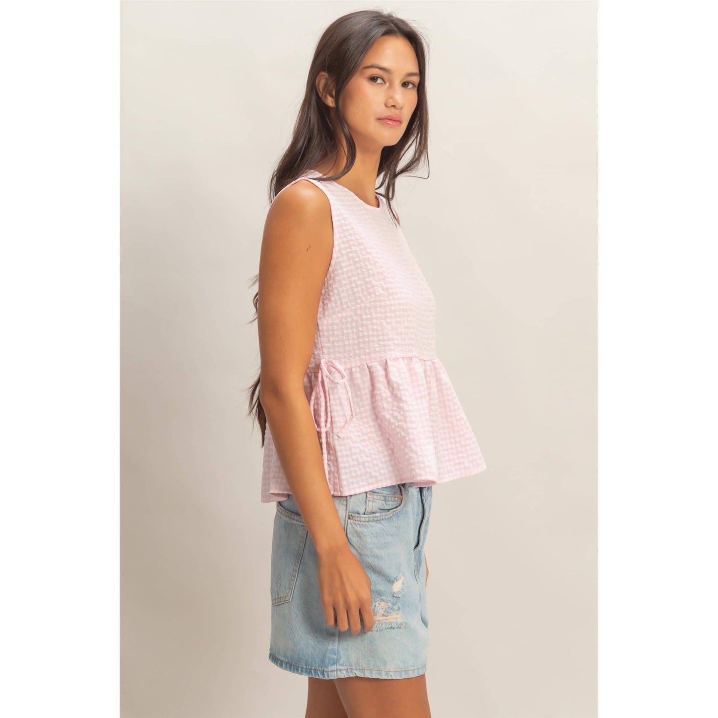 Gingham Sleeveless Peplum Top With Side Ties