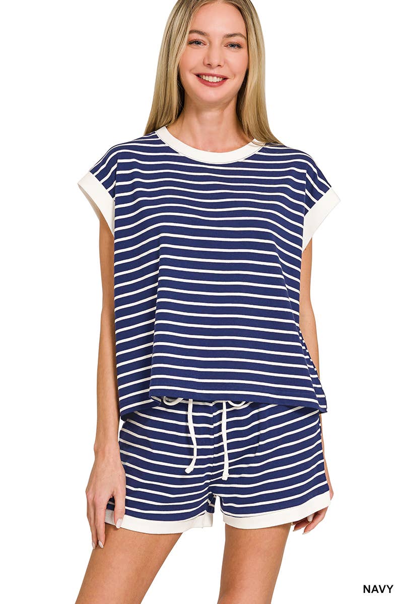 ...0223 Stripe Contrast Trim Top & Shorts Set SI-29132