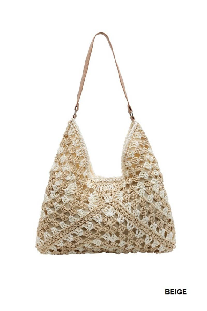 Vintage Woven Straw Crochet Bucket Shoulder Bag