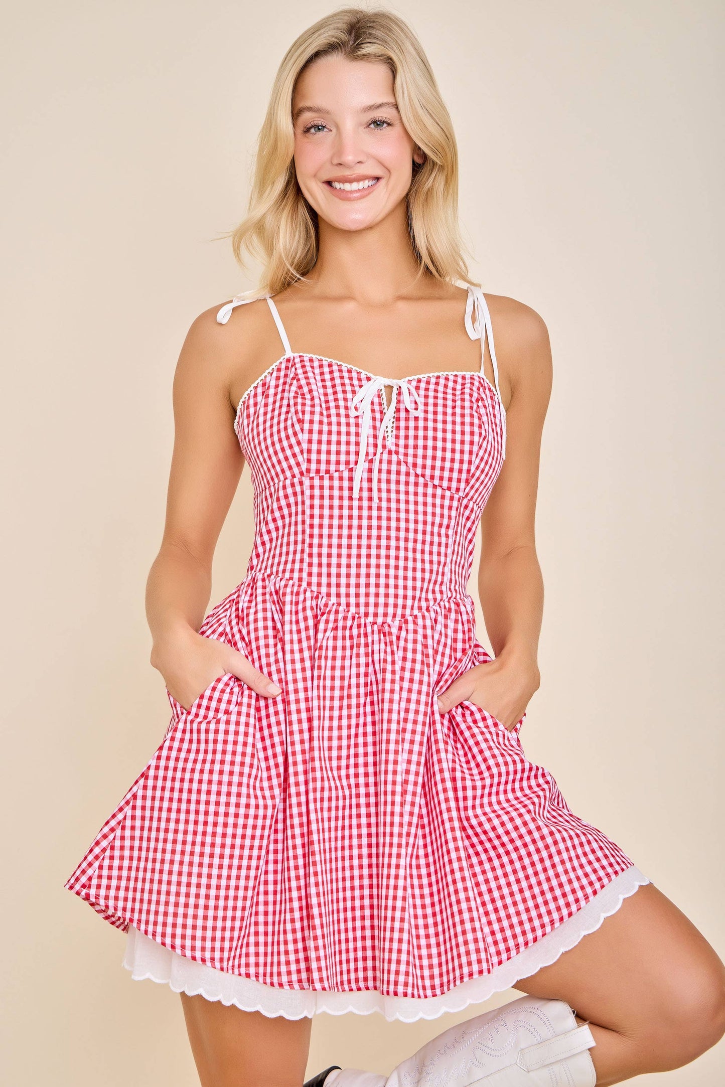 Gingham Corset Tie-Strap Flare mini dress