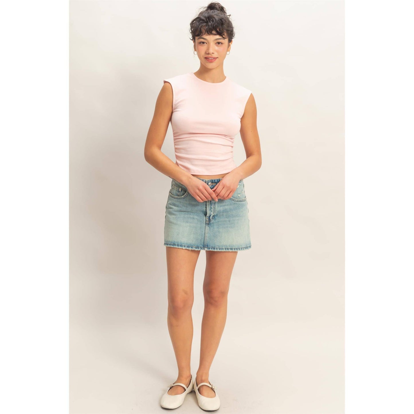 Ruched Waist Cap Sleeve Top