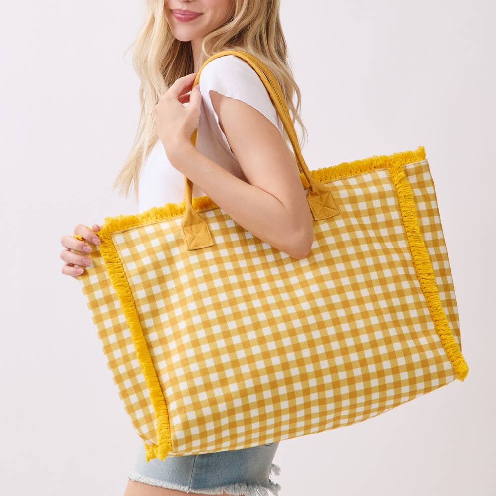 Checkered Fringe Trim Tote Bag