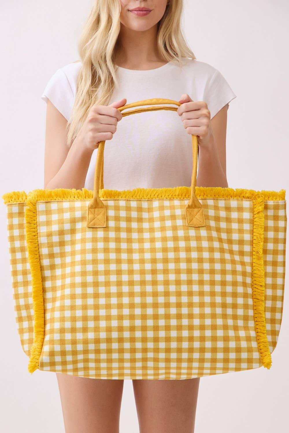 Checkered Fringe Trim Tote Bag