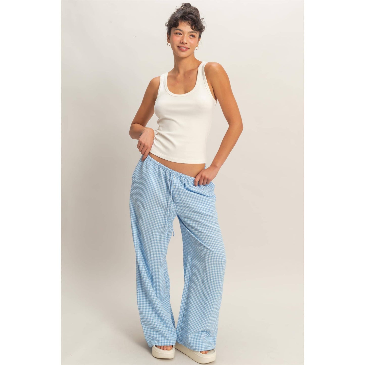 Gingham Drawstring Wide-Leg Pants
