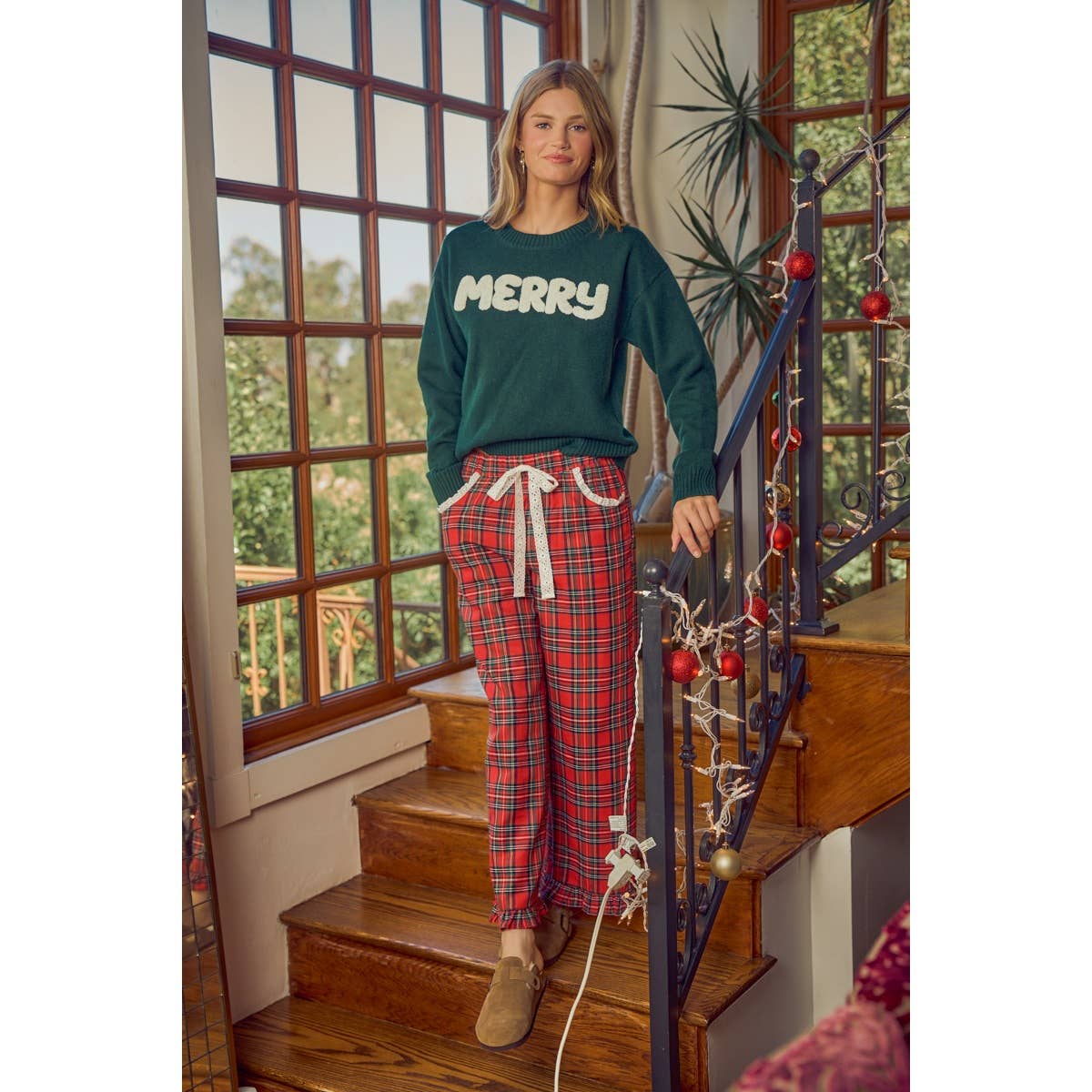 RUFFLED BOTTOM DETAIL CHRISTMAS PLAID CHECK LACE TRIM PANTS