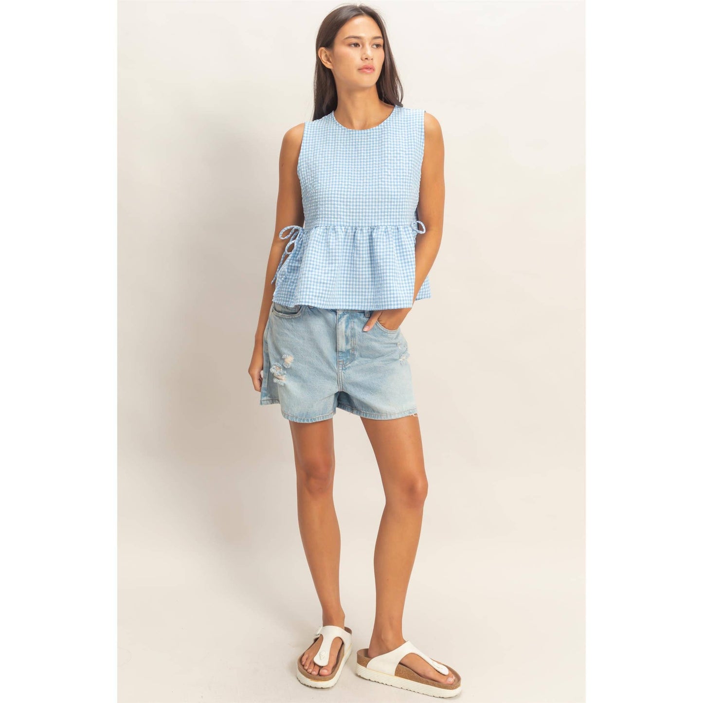 Gingham Sleeveless Peplum Top With Side Ties
