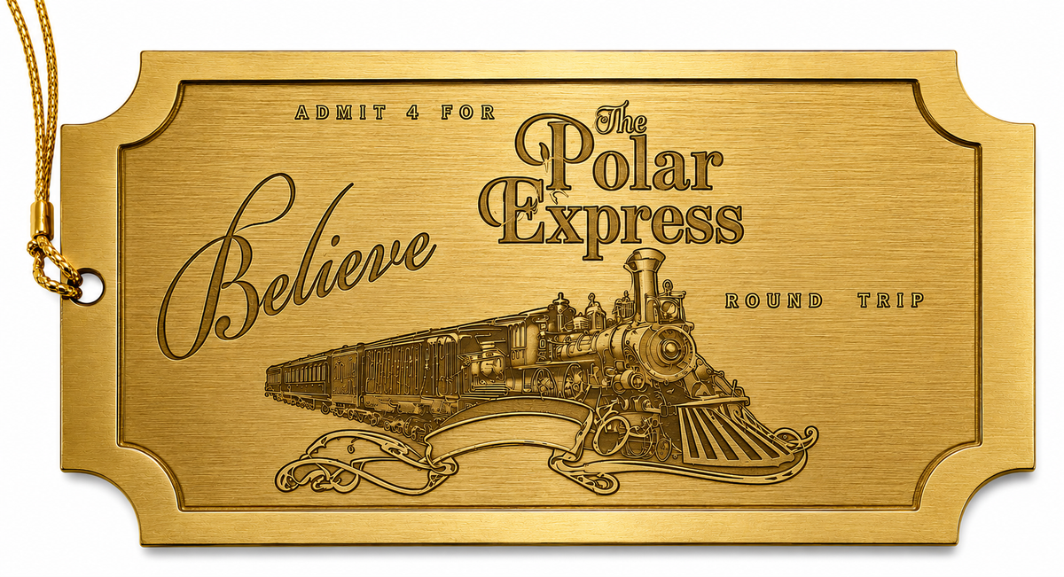 Believe Polar Express Ticket Ornament – Brushed Gold Metal Ornament