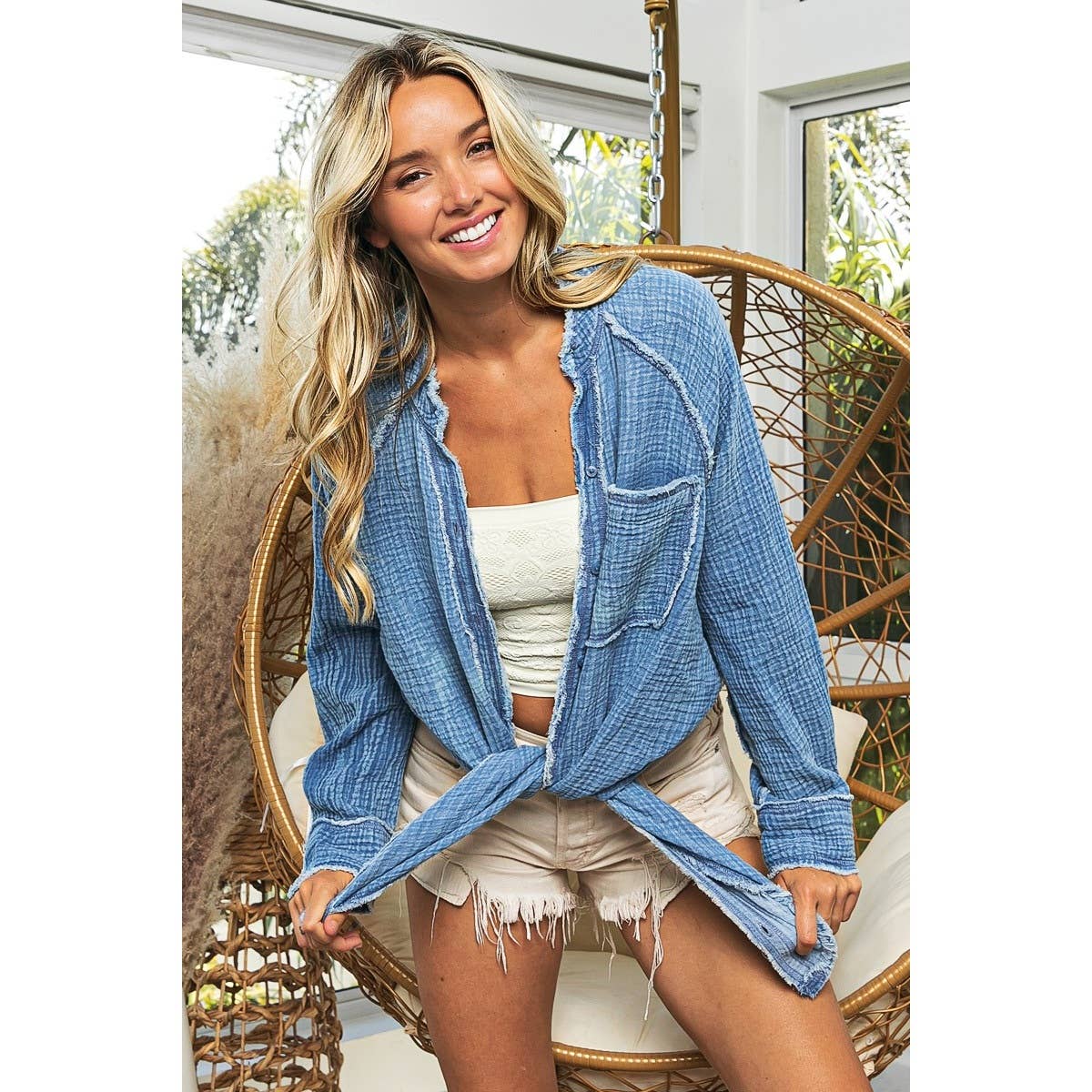 FRAYED VINTAGE WASHED WRINKLE SHIRT
