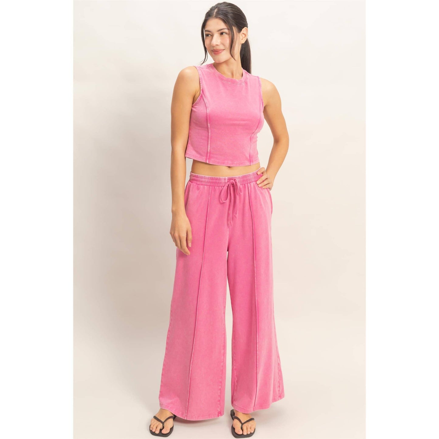 Mineral Washed Sleeveless Top & Wide Leg Pants Set