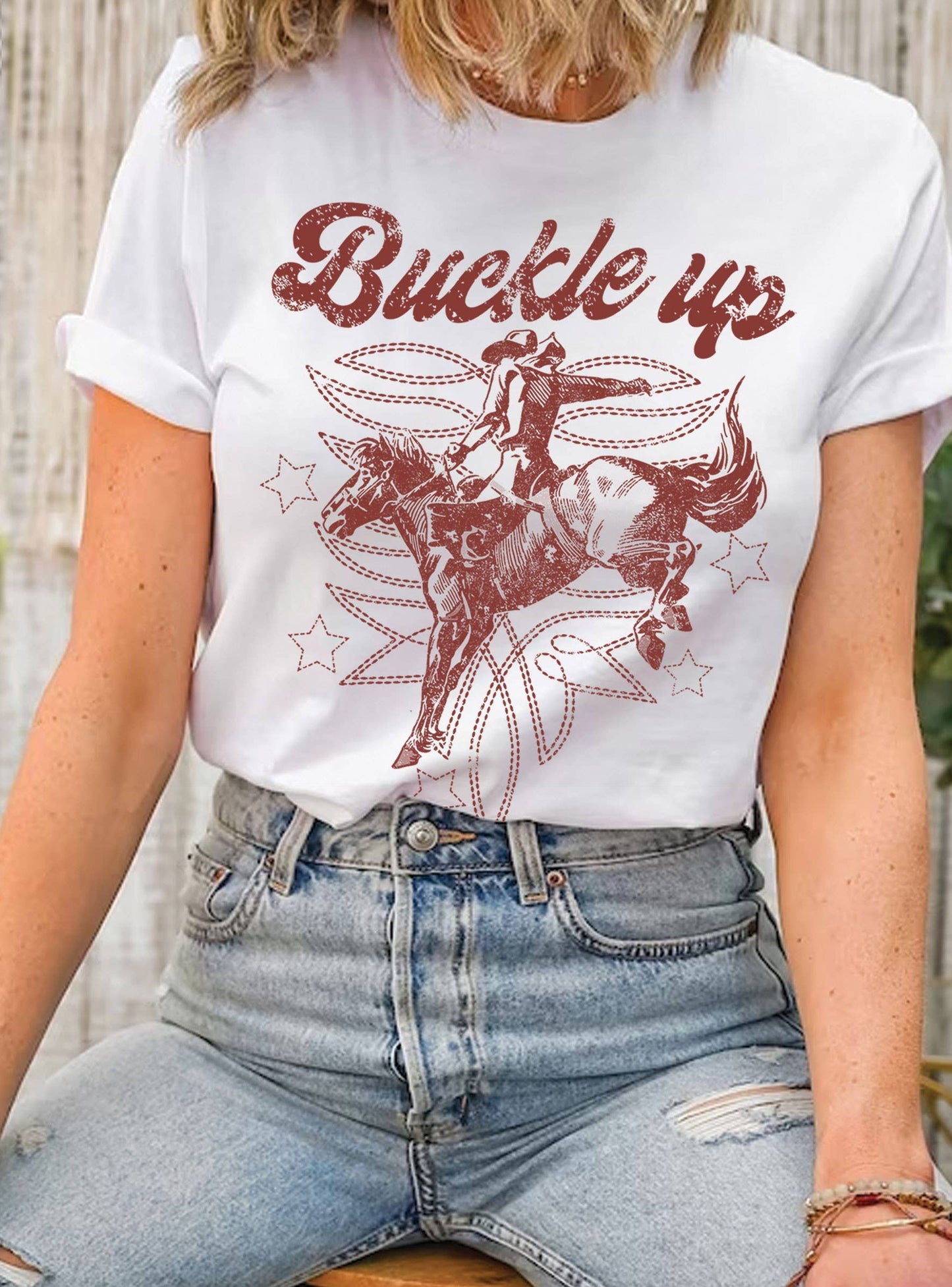 BUCKLE UP COWBOY BOOTS STITCH PATTERN GRAPHIC TEE