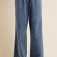 LACE TRIM WIDE LEG ELASTIC MID RISE DENIM PANTS