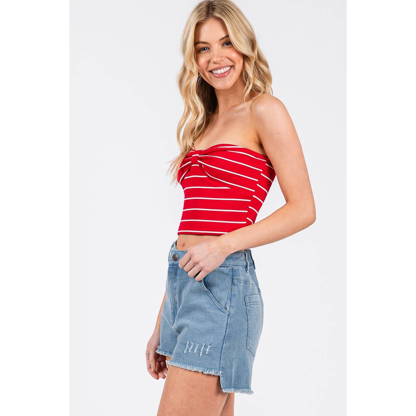 STRIPED BOW SHAPE SWEETHEART CROPPED TUBE TOP