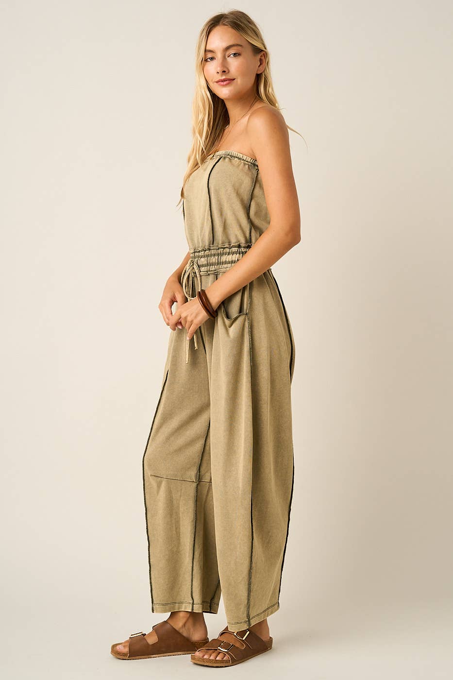 MINERAL WASH CONTRAST STITCH BARREL LEG JUMPSUIT