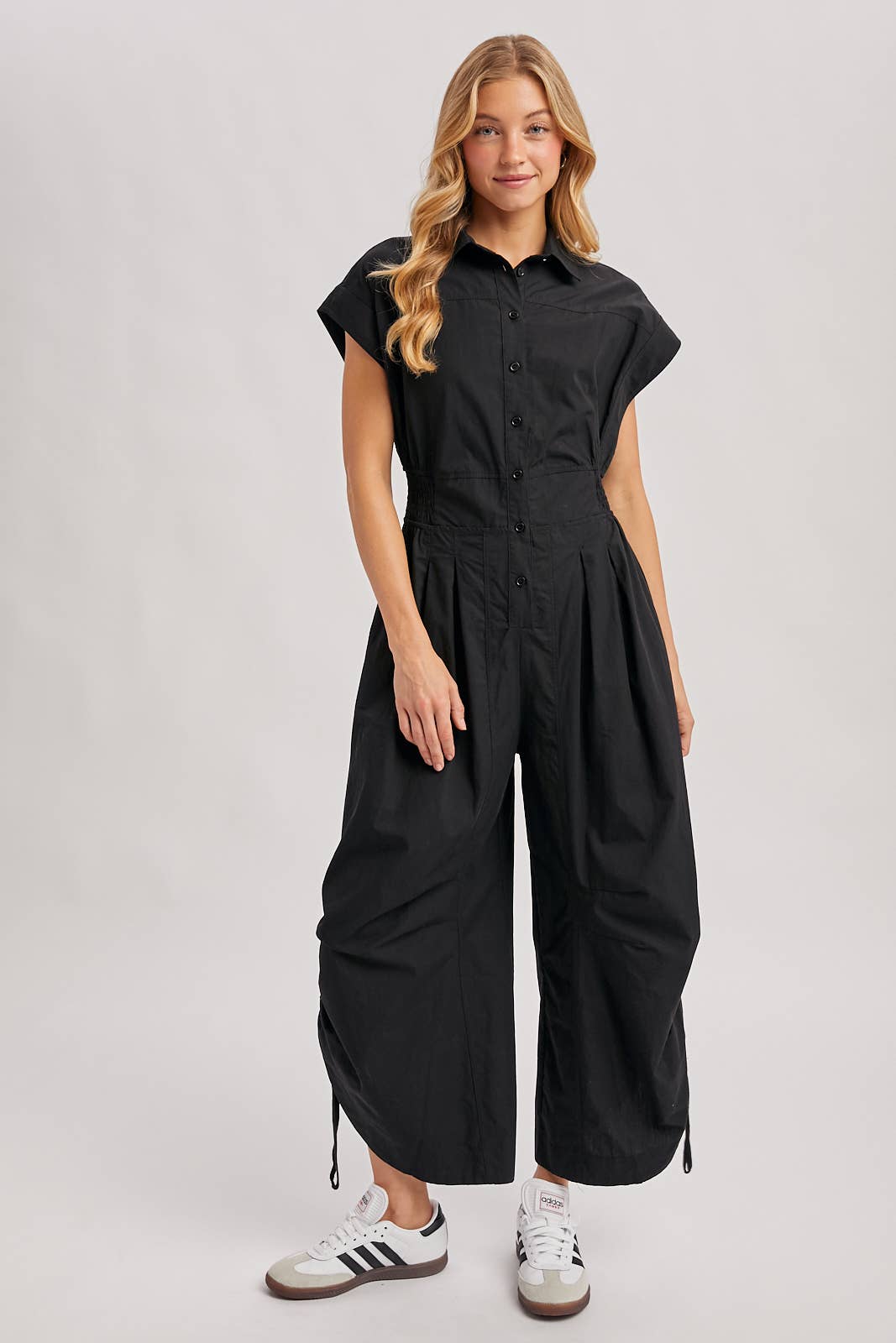 BUTTON DOWN UTILITY SHIRTING JUMPSUIT