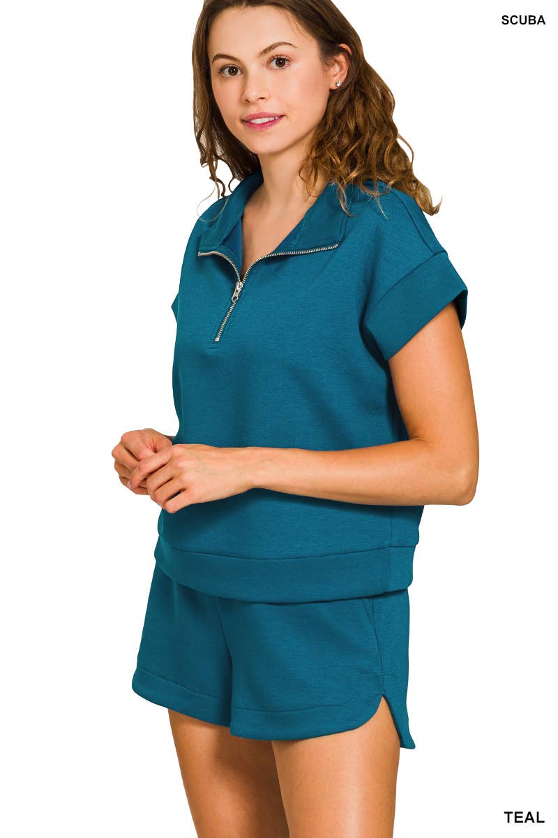 Scuba High Neck Half Zip Top & Dolphin Shorts Set Zenana