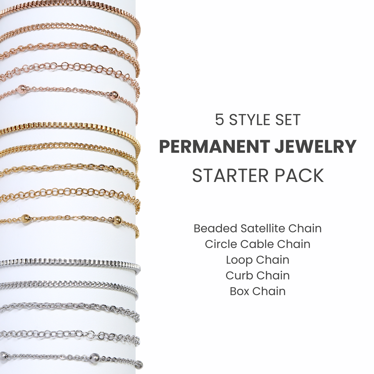 Permanent Jewelry Stainless Steel Chain Starter Kit - 5 Chain Style Pack