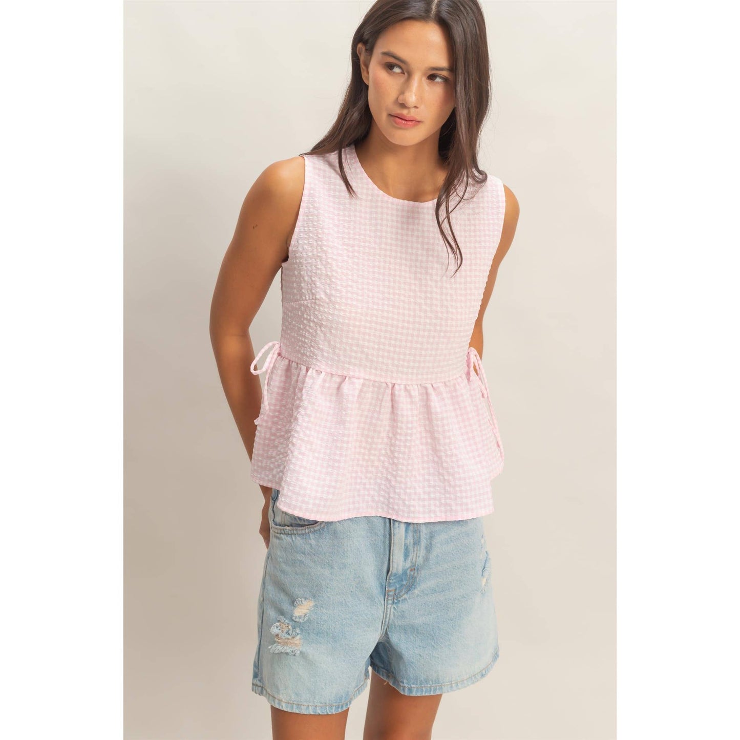 Gingham Sleeveless Peplum Top With Side Ties