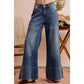WIDE LEG FLARE WASHED DENIM JEANS WITH SIDE SEAM