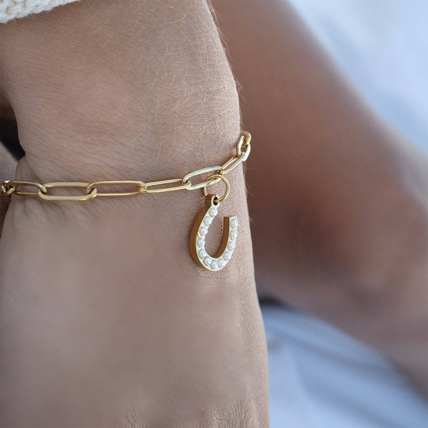 18K Gold PVD Stainless Steel Pearl Beaded Horseshoe Charm